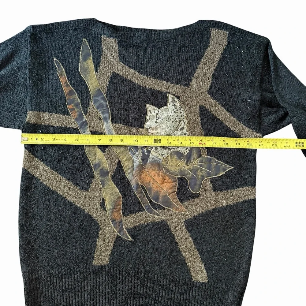 Vintage 80s Mariea Kim Sweater Womens M Black Gold Leopard Applique Embroidered